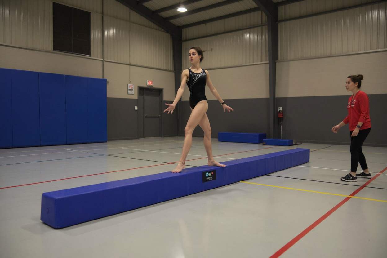 Een lage foam turnbrug ligt centraal op de springvloer in een professionele gymzaal, klaar voor veilige precisietraining.
