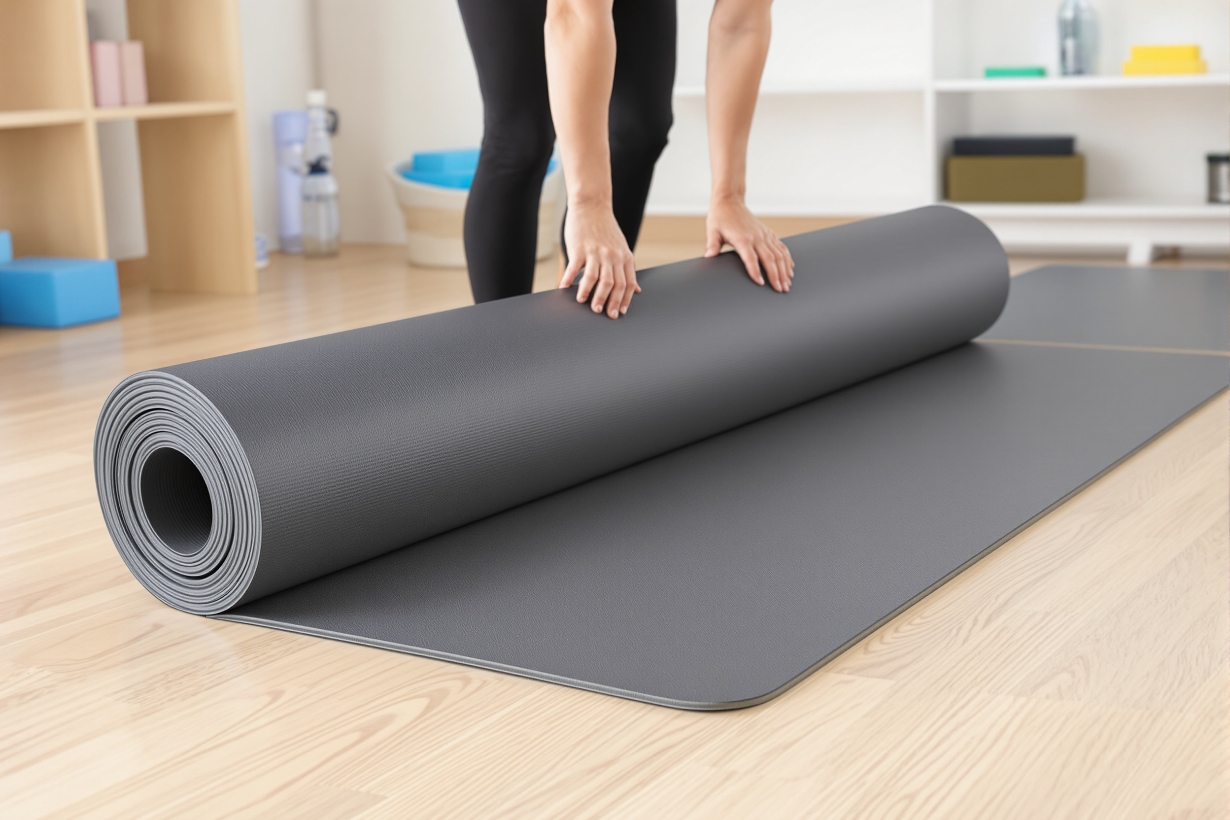 Préparation d'une séance avec un tapis de pilates large à domicile