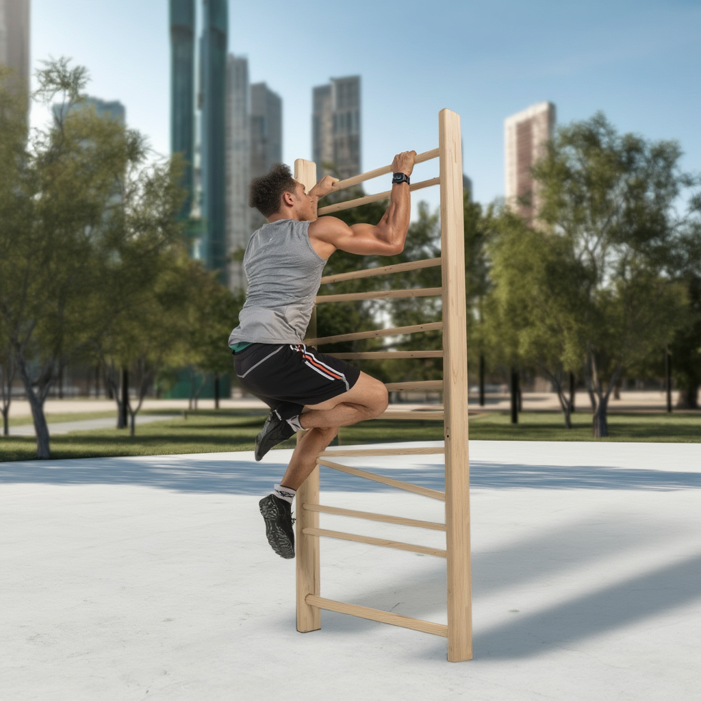 Houten klimrek in park met atleet tijdens parkour oefening