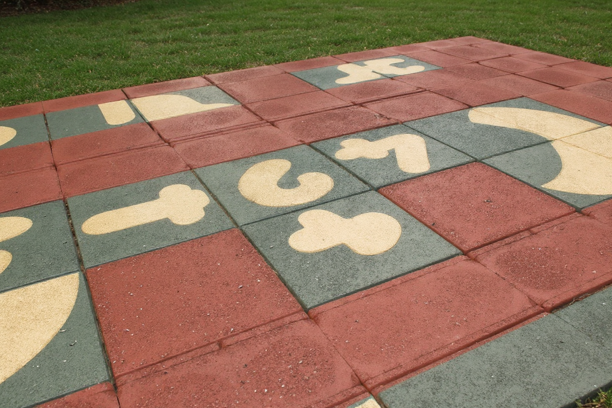 Tapis de marelle numéroté installé sur sol de jeu montrant son épaisseur et sa résistance à l'usage.