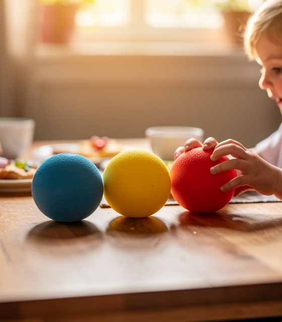 Kind oefent fijne motoriek met gekleurde therapieballen aan keukentafel