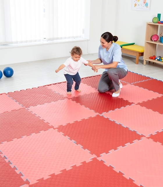 Tapis de sol en mousse utilisé dans une salle de psychomotricité pour la sécurité des enfants.