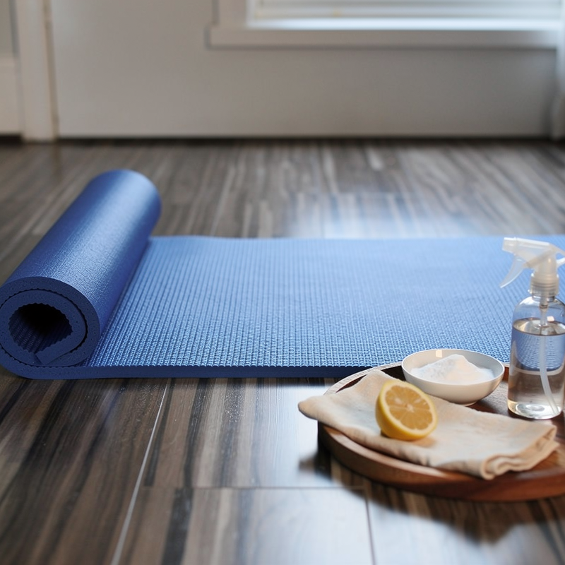 Tapis de yoga bleu avec produits de nettoyage naturels disposés sur un plateau en bois.