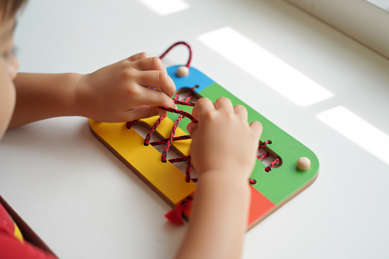 Enfant apprenant à lacer ses chaussures