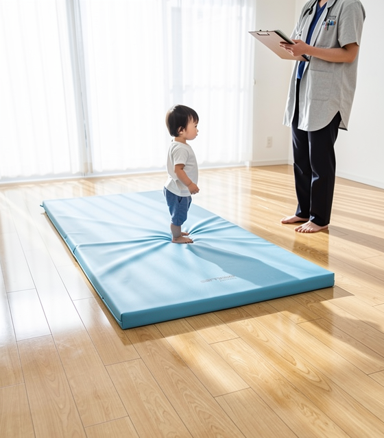 Tapis d'équilibre en mousse utilisé lors d'une séance d'évaluation psychomotrice avec un enfant.