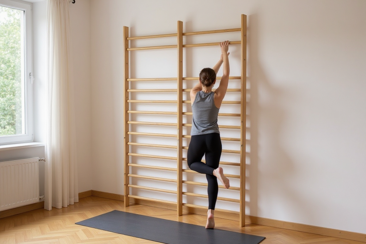 Houten klimrek gemonteerd aan de muur in een lichte thuisgym tijdens gebruik