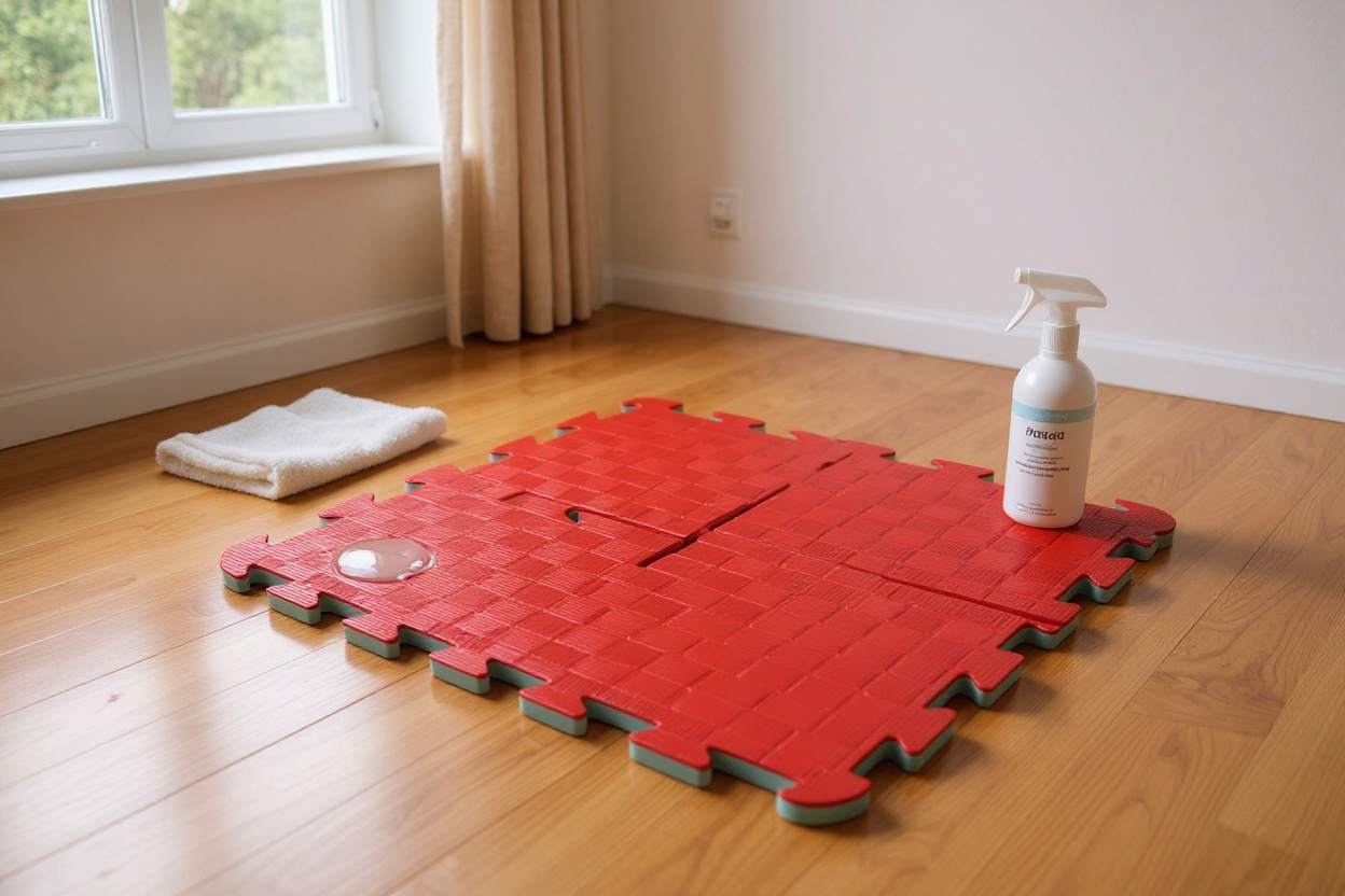 Un unique tapis de gym en dalles emboîtables est au centre d’un studio lumineux, prêt à être nettoyé facilement après le yoga.