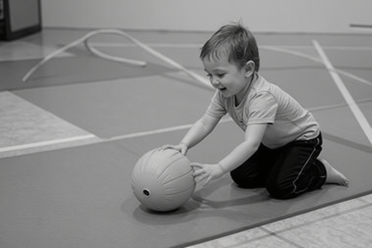 Sur un tapis de gym, un enfant roule un ballon sensoriel en mousse unique vers une cible au sol pour travailler la motricité, en ignorant le fond de l’image.