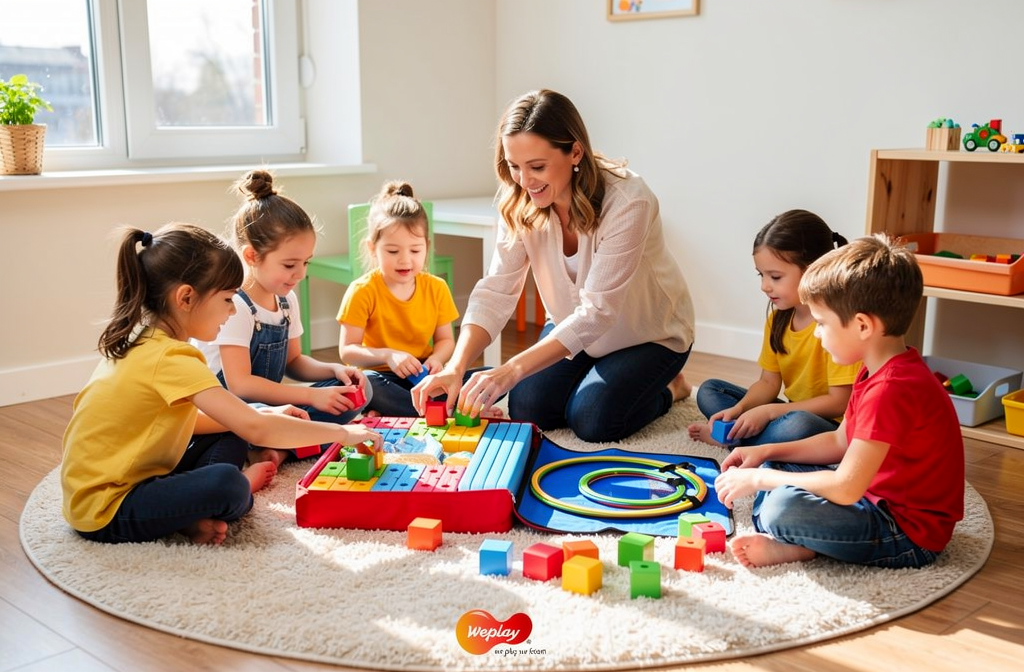 Enfants jouant avec un jeu sensoriel coloré lors d'une activité d'animation en maternelle