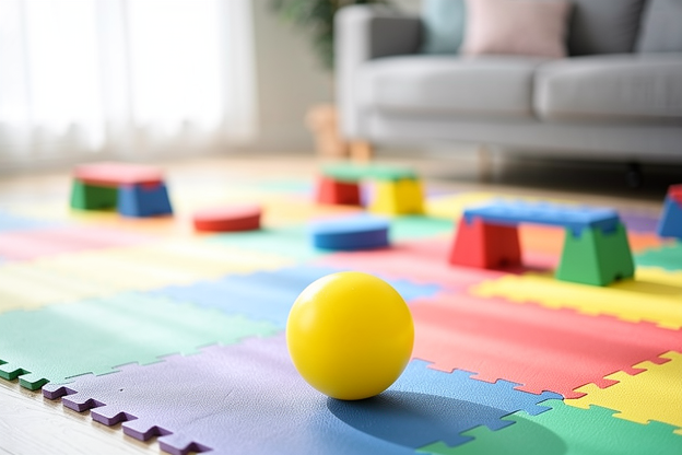 Balle en mousse jaune intégrée dans un parcours de motricité à domicile pour enfants.