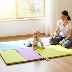 Tapis de motricité modulable aux couleurs pastel posé dans une chambre d'enfant lumineuse avec bébé qui rampe dessus en toute sécurité.
