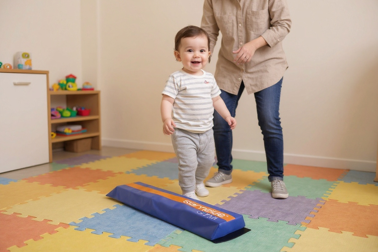 Dans un coin de crèche sur tapis rembourré, un module poutre d’équilibre en mousse posé au sol est parcouru par un tout‑petit guidé par un adulte.