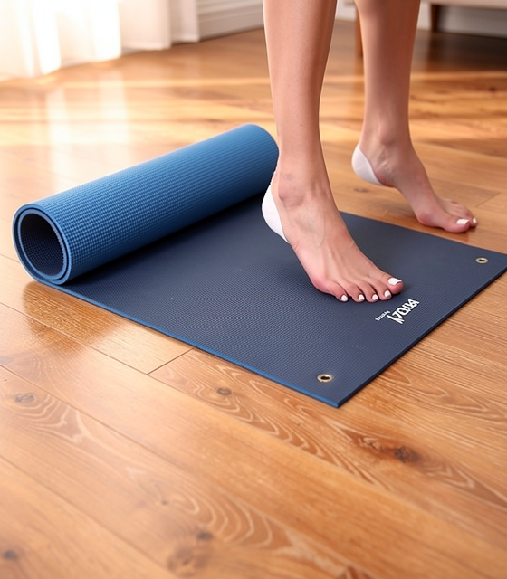 Blauwe fitnessmat uitgerold op houten vloer in thuisgym